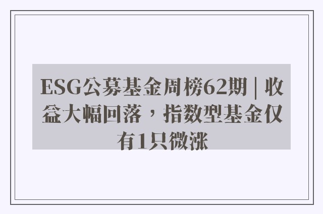 ESG公募基金周榜62期 | 收益大幅回落，指数型基金仅有1只微涨