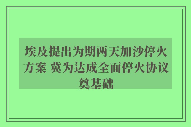 埃及提出为期两天加沙停火方案 冀为达成全面停火协议奠基础