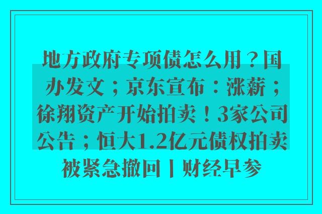 地方政府专项债怎么用？国办发文；京东宣布：涨薪；徐翔资产开始拍卖！3家公司公告；恒大1.2亿元债权拍卖被紧急撤回丨财经早参