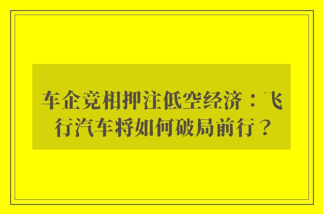 车企竞相押注低空经济：飞行汽车将如何破局前行？