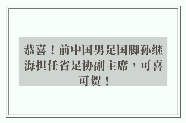 恭喜！前中国男足国脚孙继海担任省足协副主席，可喜可贺！