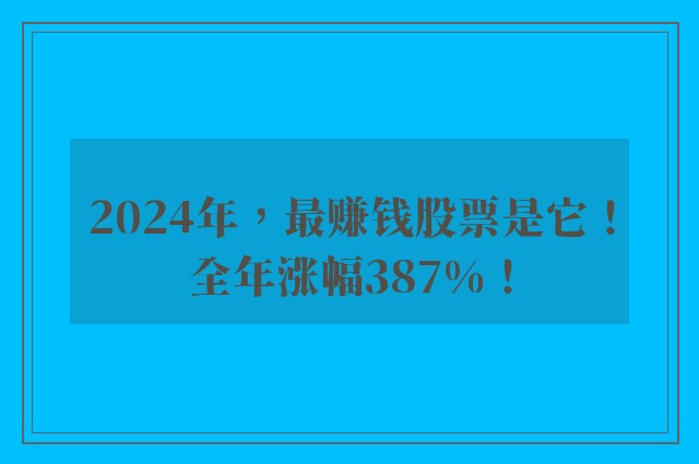 2024年，最赚钱股票是它！全年涨幅387%！